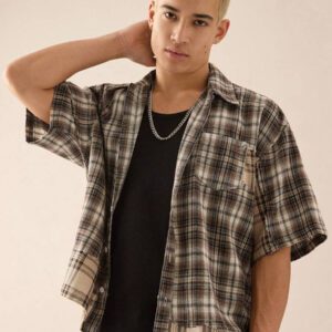 SWAVVY Chemise décontractée à manches dolman ample, en patchwork asymétrique à carreaux, taille standard pour hommes