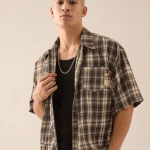 SWAVVY Chemise décontractée à manches dolman ample, en patchwork asymétrique à carreaux, taille standard pour hommes