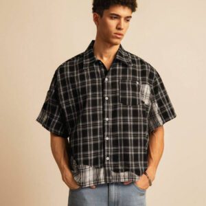 SWAVVY Chemise décontractée à manches dolman ample, en patchwork asymétrique à carreaux, taille standard pour hommes