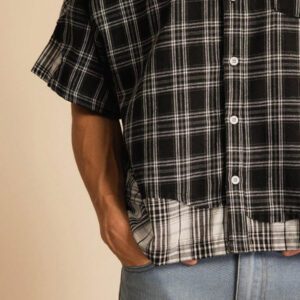 SWAVVY Chemise décontractée à manches dolman ample, en patchwork asymétrique à carreaux, taille standard pour hommes