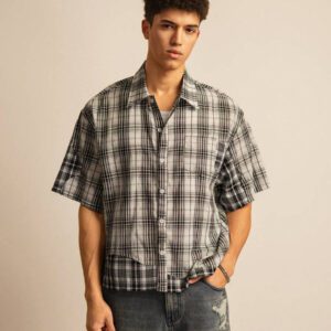 SWAVVY Chemise décontractée à manches dolman ample, en patchwork asymétrique à carreaux, taille standard pour hommes