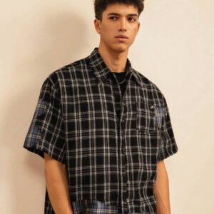 SWAVVY Chemise décontractée à manches dolman ample, en patchwork asymétrique à carreaux, taille standard pour hommes