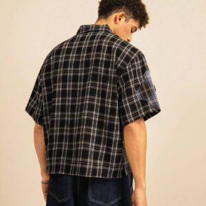 SWAVVY Chemise décontractée à manches dolman ample, en patchwork asymétrique à carreaux, taille standard pour hommes