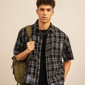SWAVVY Chemise décontractée à manches dolman ample, en patchwork asymétrique à carreaux, taille standard pour hommes