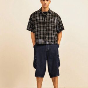 SWAVVY Chemise décontractée à manches dolman ample, en patchwork asymétrique à carreaux, taille standard pour hommes