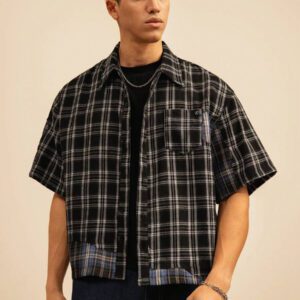 SWAVVY Chemise décontractée à manches dolman ample, en patchwork asymétrique à carreaux, taille standard pour hommes