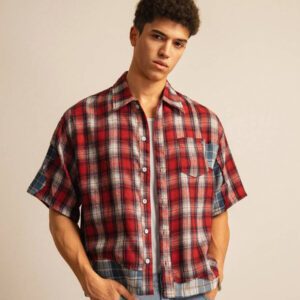 SWAVVY Chemise décontractée à manches dolman ample, en patchwork asymétrique à carreaux, taille standard pour hommes