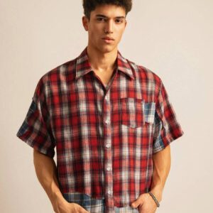 SWAVVY Chemise décontractée à manches dolman ample, en patchwork asymétrique à carreaux, taille standard pour hommes