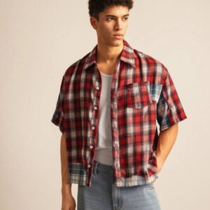 SWAVVY Chemise décontractée à manches dolman ample, en patchwork asymétrique à carreaux, taille standard pour hommes