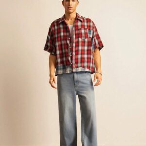 SWAVVY Chemise décontractée à manches dolman ample, en patchwork asymétrique à carreaux, taille standard pour hommes