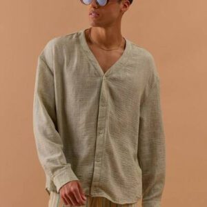 Musero Chemise ample sans col en lin à encolure en V, printemps, été, vacances
