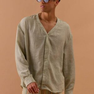 Musero Chemise ample sans col en lin à encolure en V, printemps, été, vacances