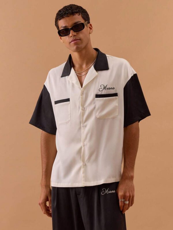 Musero Chemise boutonnée avec détail de poche à deux tons en satin, printemps, été, vacances – Image 2