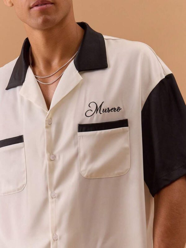 Musero Chemise boutonnée avec détail de poche à deux tons en satin, printemps, été, vacances – Image 3