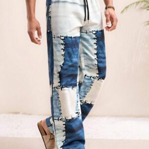 HIMLAND Pantalon casual pour homme, effet jean, patchwork imprimé, pour l'extérieur et la plage