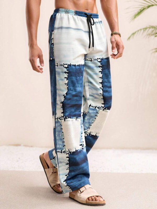 HIMLAND Pantalon casual pour homme, effet jean, patchwork imprimé, pour l'extérieur et la plage – Image 2