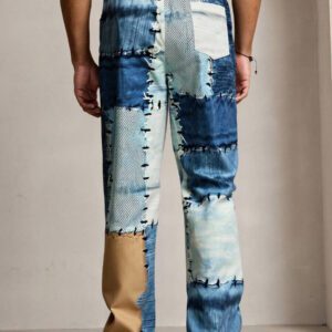 HIMLAND Pantalon casual pour homme, effet jean, patchwork imprimé, pour l'extérieur et la plage