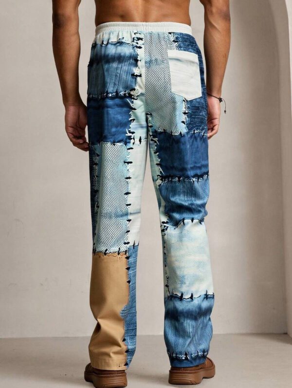 HIMLAND Pantalon casual pour homme, effet jean, patchwork imprimé, pour l'extérieur et la plage – Image 3