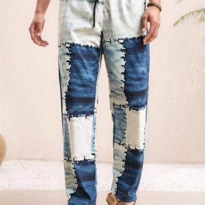HIMLAND Pantalon casual pour homme, effet jean, patchwork imprimé, pour l'extérieur et la plage