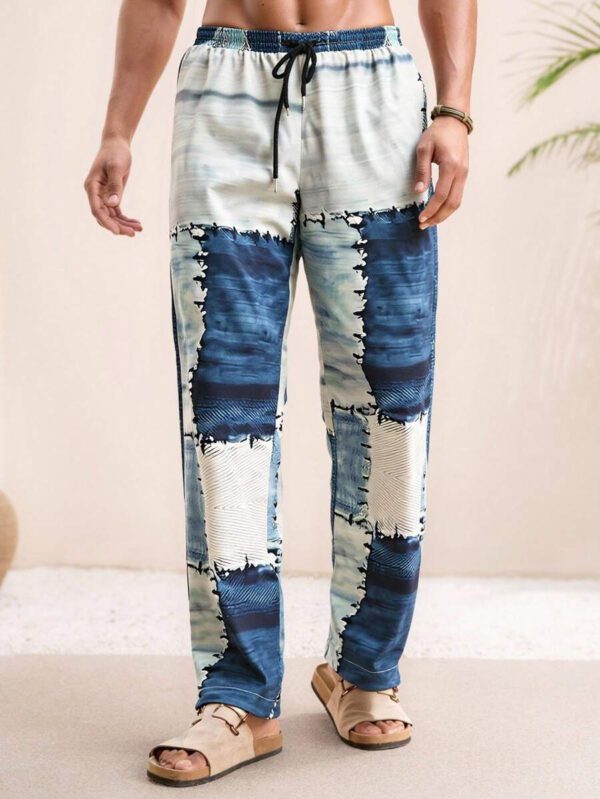HIMLAND Pantalon casual pour homme, effet jean, patchwork imprimé, pour l'extérieur et la plage – Image 4