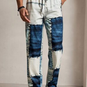 HIMLAND Pantalon casual pour homme, effet jean, patchwork imprimé, pour l'extérieur et la plage