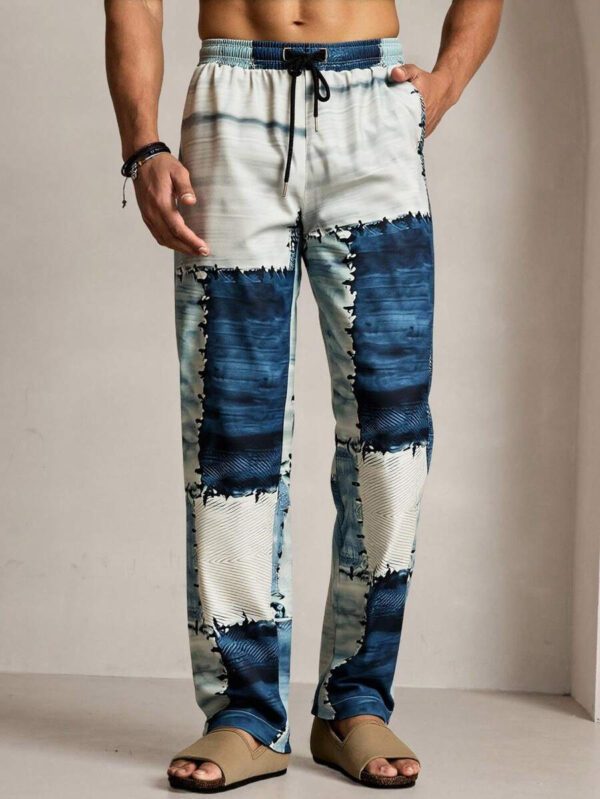 HIMLAND Pantalon casual pour homme, effet jean, patchwork imprimé, pour l'extérieur et la plage – Image 5