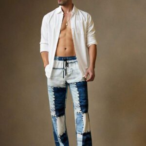 HIMLAND Pantalon casual pour homme, effet jean, patchwork imprimé, pour l'extérieur et la plage