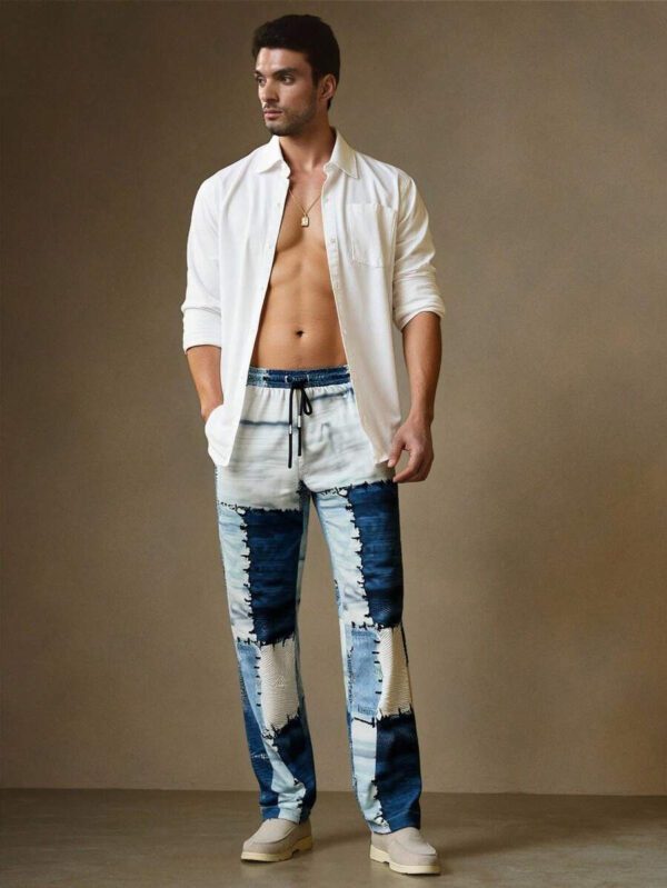 HIMLAND Pantalon casual pour homme, effet jean, patchwork imprimé, pour l'extérieur et la plage – Image 6