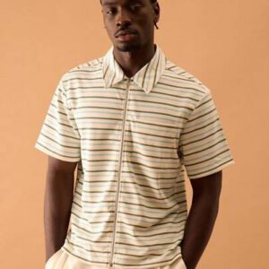 Musero Chemise à manches courtes zippée oversize à rayures pour hommes, printemps, été, vacances
