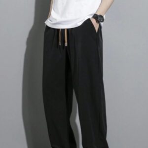 Pantalon pour hommes à taille avec cordon de serrage, poches inclinées, couleur unie, coupe décontractée