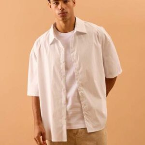 Musero Chemise à manches courtes à rayures verticales avec boutonnage pour hommes, idéale pour l'été, les vacances et la plage