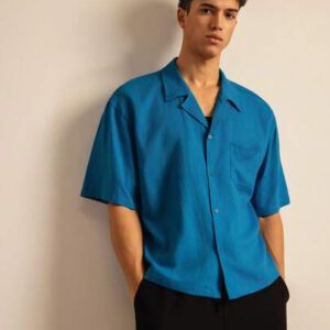 SWAVVY Chemise de vacances casual en lin ample et élégante pour homme de taille standard avec col guayabera, bleue