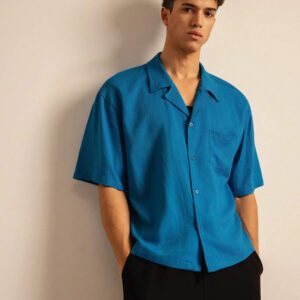 SWAVVY Chemise de vacances casual en lin ample et élégante pour homme de taille standard avec col guayabera, bleue
