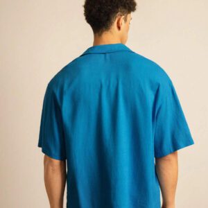 SWAVVY Chemise de vacances casual en lin ample et élégante pour homme de taille standard avec col guayabera, bleue