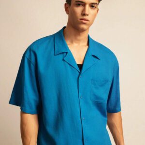 SWAVVY Chemise de vacances casual en lin ample et élégante pour homme de taille standard avec col guayabera, bleue