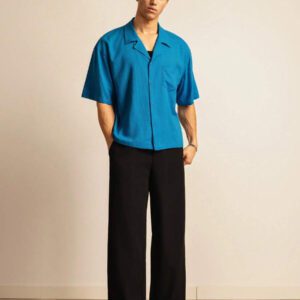 SWAVVY Chemise de vacances casual en lin ample et élégante pour homme de taille standard avec col guayabera, bleue
