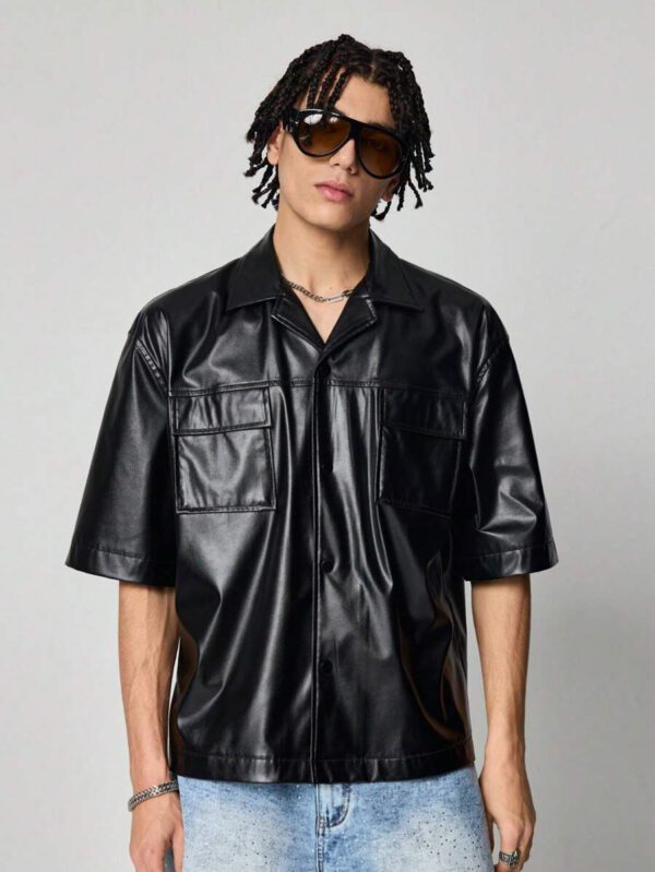ROMWE MEN Street Life Chemise de mode à manches courtes, synthétique, avec poches utilitaires, coupe ample pour hommes – Image 2