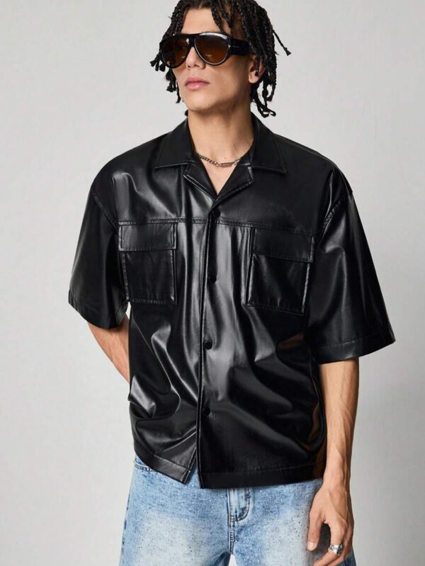 ROMWE MEN Street Life Chemise de mode à manches courtes, synthétique, avec poches utilitaires, coupe ample pour hommes – Image 3