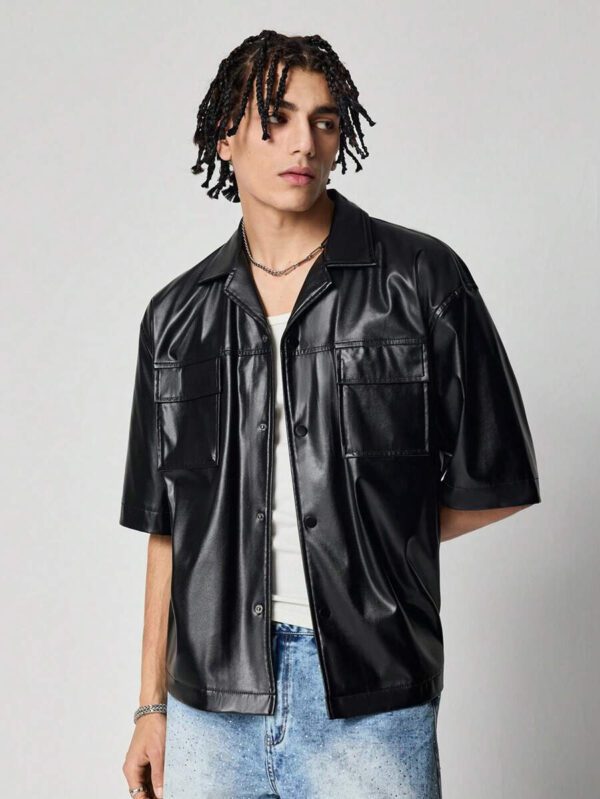 ROMWE MEN Street Life Chemise de mode à manches courtes, synthétique, avec poches utilitaires, coupe ample pour hommes – Image 6