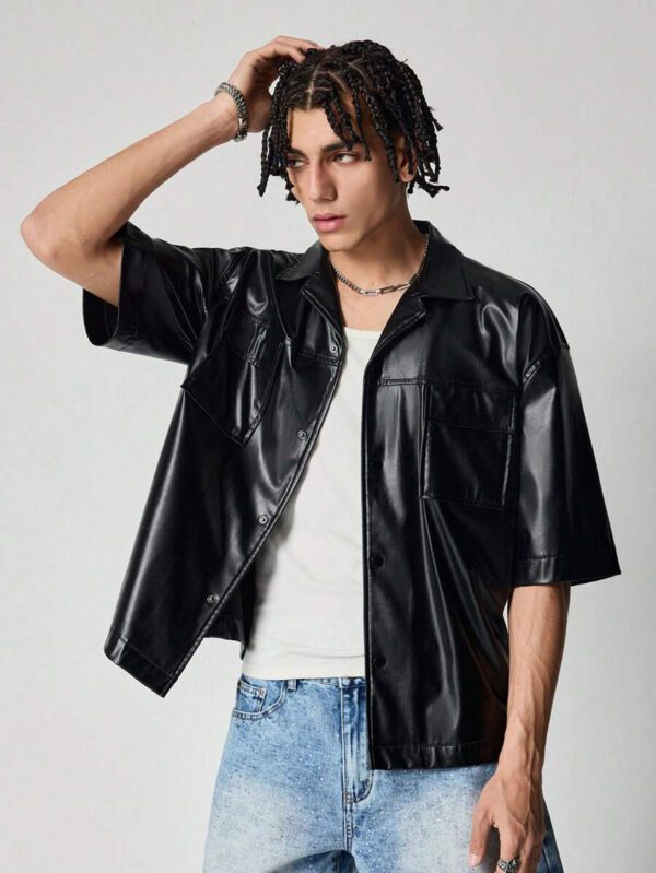 ROMWE MEN Street Life Chemise de mode à manches courtes, synthétique, avec poches utilitaires, coupe ample pour hommes – Image 7