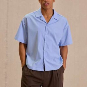Musero Chemise à manches courtes lavée à grand col pour hommes
