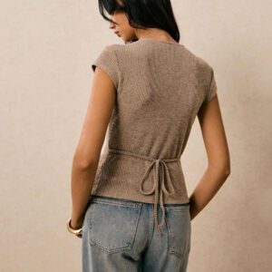 Poéselle T-shirt à manches courtes avec décoration de coque métallique, col en V, pour femmes, été