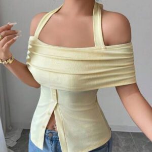 Calvaya Chemise ajustée élégante femme à manches courtes avec décolleté épaules dénudées et décoration de boutons, pour le trajet quotidien
