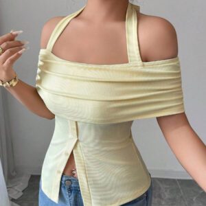 Calvaya Chemise ajustée élégante femme à manches courtes avec décolleté épaules dénudées et décoration de boutons, pour le trajet quotidien