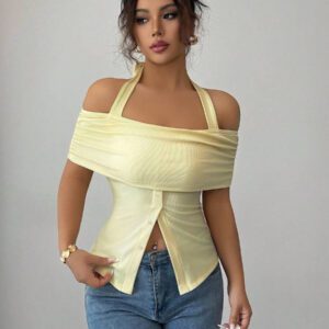 Calvaya Chemise ajustée élégante femme à manches courtes avec décolleté épaules dénudées et décoration de boutons, pour le trajet quotidien