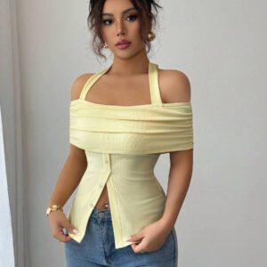 Calvaya Chemise ajustée élégante femme à manches courtes avec décolleté épaules dénudées et décoration de boutons, pour le trajet quotidien
