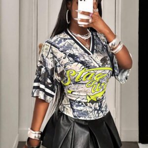 BamGleam T-shirt décontracté d'été à col en V, taille élastique, imprimé de branches d'arbre et de lettres