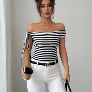 Elenzga T-shirt décontracté à épaules dénudées imprimé de rayures pour femmes