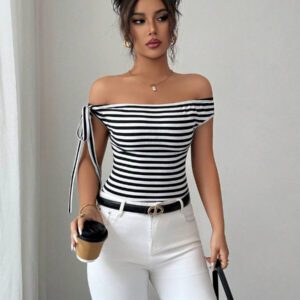 Elenzga T-shirt décontracté à épaules dénudées imprimé de rayures pour femmes