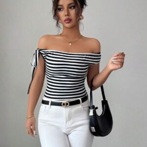 Elenzga T-shirt décontracté à épaules dénudées imprimé de rayures pour femmes